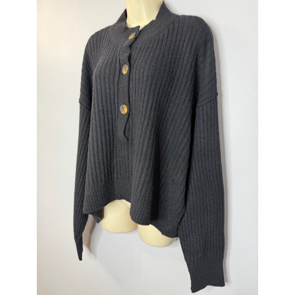 Free People Women's Cocoa Henley Pullover Sweater Black Relax Soft Sz L - Picture 4 of 13